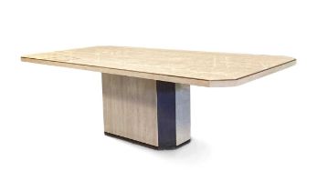 A 20th century travertine and brass bound dining table,