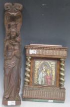 Carved oak fragment of Virgin and Child in the 17th century manner. 54cm together with a further