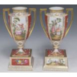 A pair of Continental Dresden type twin handled vases decorated with courting couples and floral