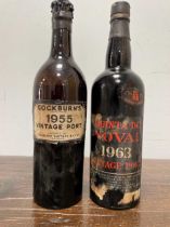 Vintage port 1963, Quinta do Noval, 1 bottle; Cockburns 1955, low shoulder level and later candle-