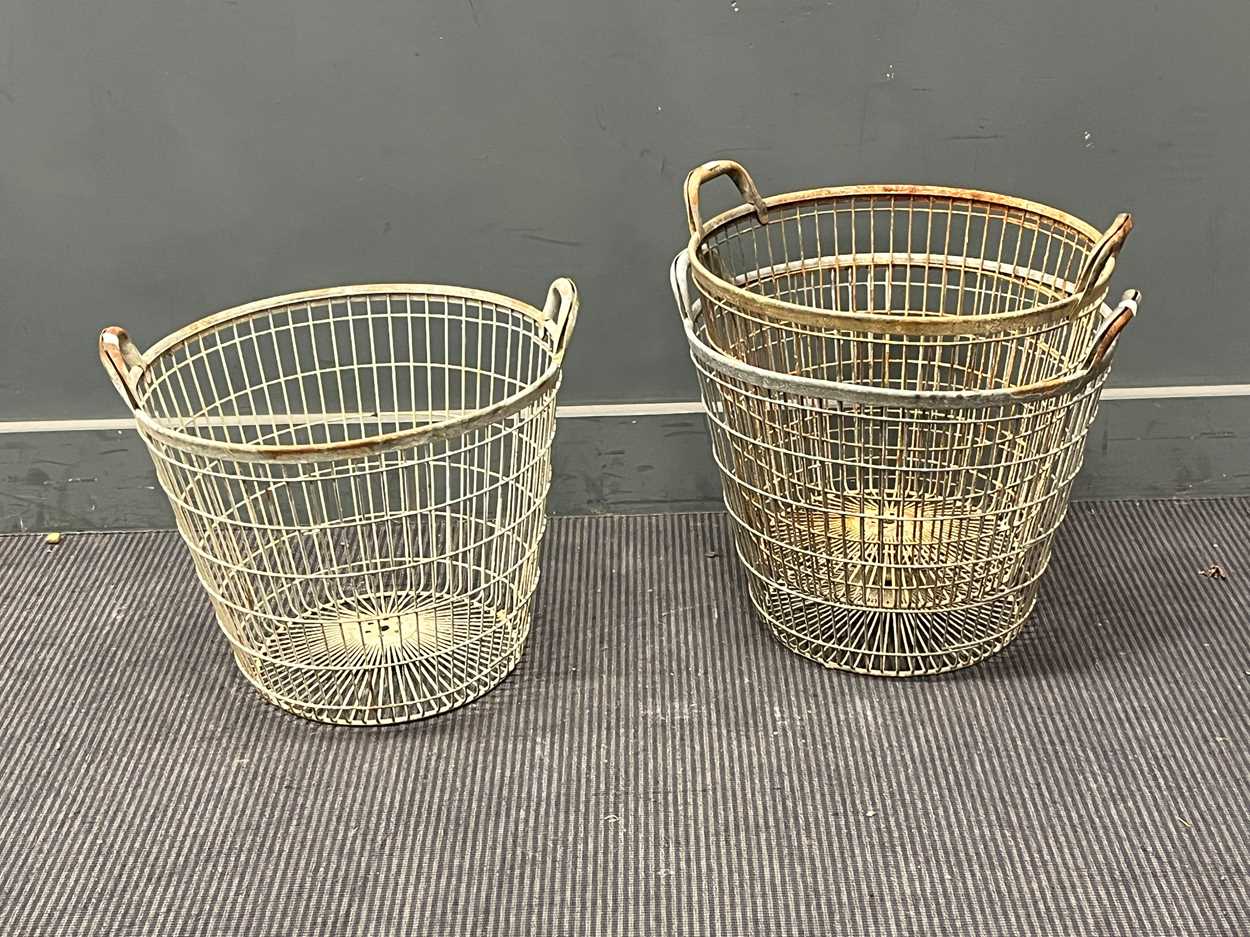 Three galvanised mesh grape harvest baskets. 41 x 48cm