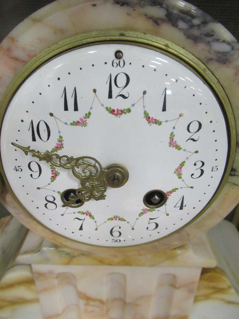 A French clock garniture, comprising a painted dial clock and a pair of circular topped tazze (3) - Image 2 of 3