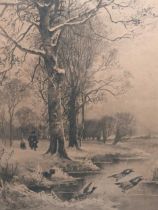 Two late 19th century oak framed etchings; the first, ‘fox in winter wooded landscape chasing