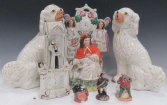 Group of 19th century Staffordshire flat backs to include pair of spaniels, shepherdess with lamb,