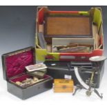 Cased Booths pottery coffee set, oak and leather boxes, letter scale, brushes, French coinage, etc