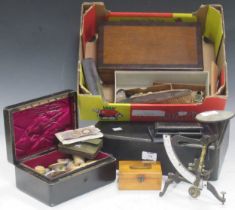 Cased Booths pottery coffee set, oak and leather boxes, letter scale, brushes, French coinage, etc