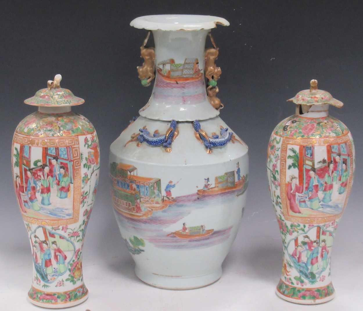 A large Chinese vase, the neck applied with dragons; a pair of Cantonese baluster vases and - Image 8 of 26