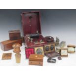 A collection of items to include three travelling clocks, a daguerreotype, a Mascher's improved