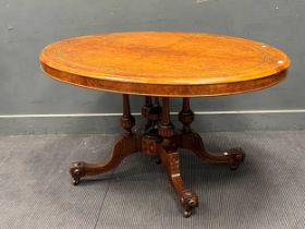 A late Victorian walnut and parquetry breakfast table,