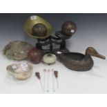 A set of 19th century weighing scales, a naturalistic brass duck, and a set of three brass bound