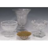 Three 20th century Irish cut glass ware to include two pedestals and a flared vase 21cms high,