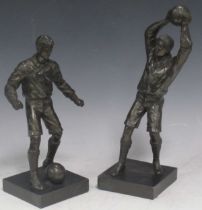Two bronzed metal footballer figures, 34cm high