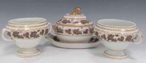 A Flight Barr lidded sauce tureen on stand, circa 1800, together with two waisted pedestal bowls,