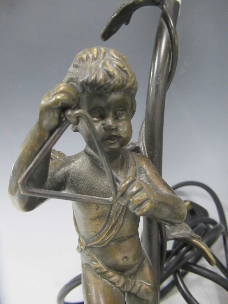 A pair of modern bronze cherub table lamps, the winged figures playing triangles (lacking one - Image 2 of 3