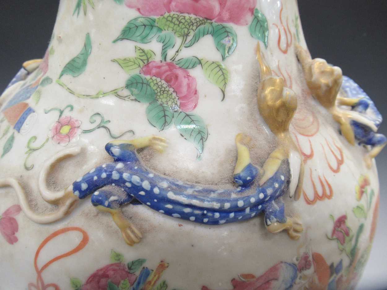 A large Chinese vase, the neck applied with dragons; a pair of Cantonese baluster vases and - Image 3 of 26