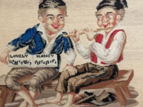 A woolwork picture of two smiling urchins piping a tune on a bench 'Lovely Nancy', 19th century,