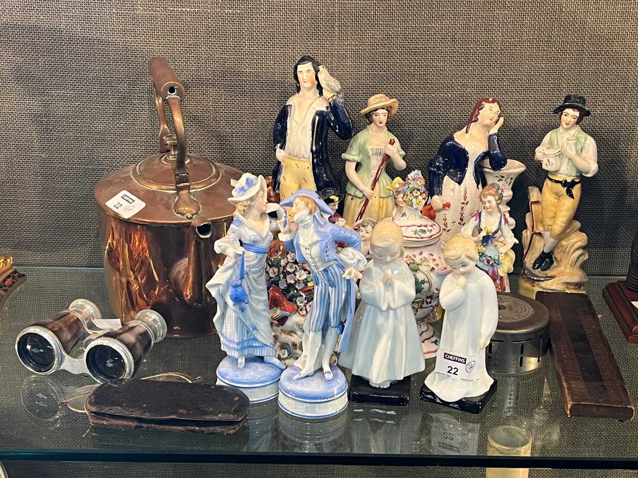 Collection of porcelain and bone china figurines, a painted lidded vase ornament, copper kettle, etc