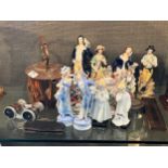 Collection of porcelain and bone china figurines, a painted lidded vase ornament, copper kettle, etc