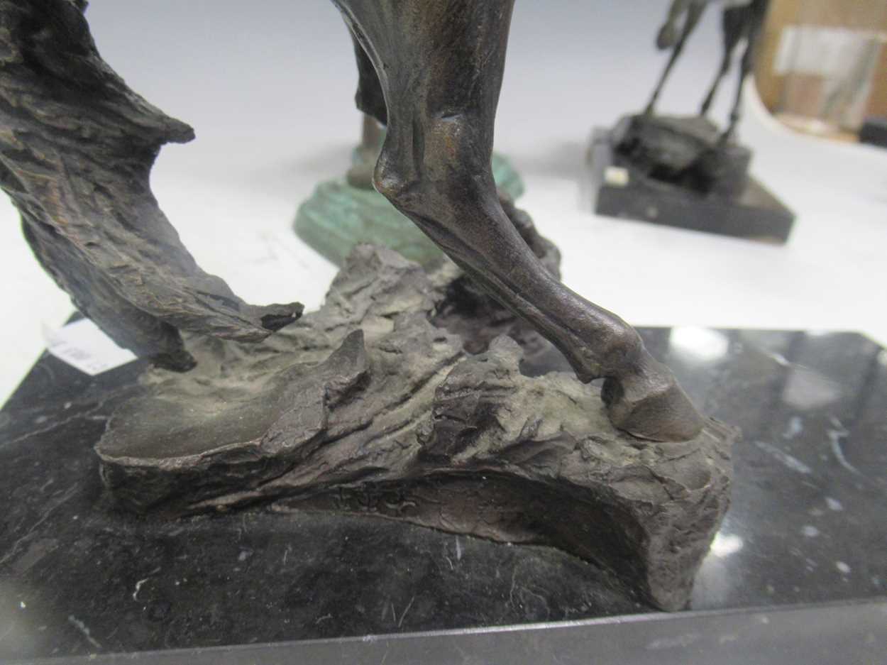 A modern bronze model race horse marked 'Uracan 1990-2B' on broken marble base; another of a rearing - Image 3 of 5