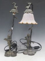 A pair of modern bronze cherub table lamps, the winged figures playing triangles (lacking one