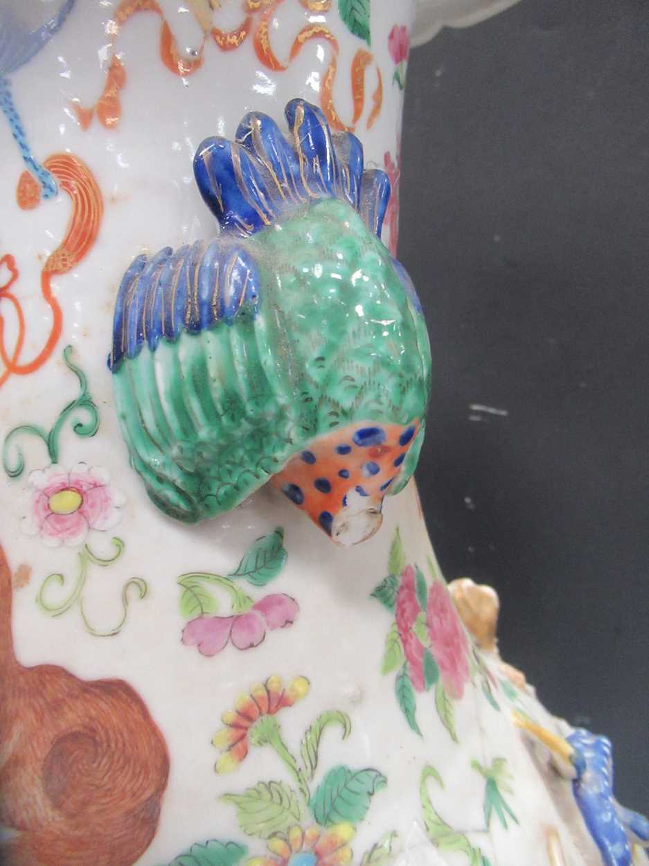 A large Chinese vase, the neck applied with dragons; a pair of Cantonese baluster vases and - Image 6 of 26