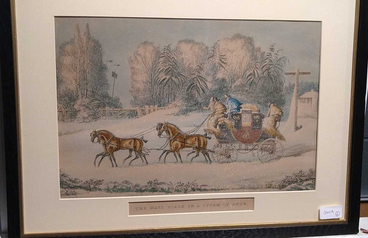 A pair of Newmarket Heath coaching aquatints - 'The Mail Coach in a Storm', 19th century. (2) - Image 2 of 2