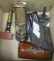 Two mantel clocks, miner's lamp, old racket, warming pan, 3 draughtsman's sets, etc