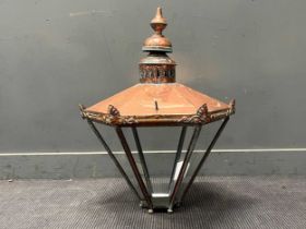 A large copper six sided glazed street lantern, with regency motifs, converted. 79cm x 64cm