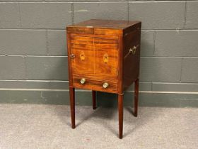 A 19th century mahogany washstand inlaid with satinwood stringing, twin hinged top cupboard door and