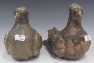 Two carved and painted decoy pigeons, approx 22 x 34 x 17cm (2)