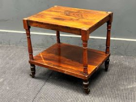 A rosewood two tier whatnot on ring turned supports and brass castors 44 x 45.5 x 37cm