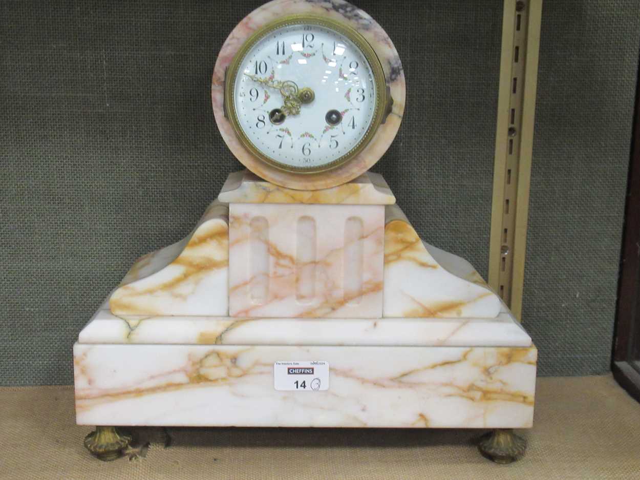 A French clock garniture, comprising a painted dial clock and a pair of circular topped tazze (3) - Image 3 of 3