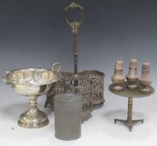 A mixed collection of plated and silver items to include a triform bottle carrier, two pairs of salt