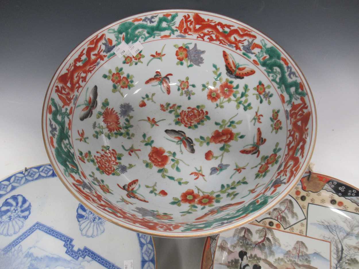 A modern Chinese punch bowl decoraqted with butterflies 36cm diameter, on a wooden stand, together - Image 6 of 7