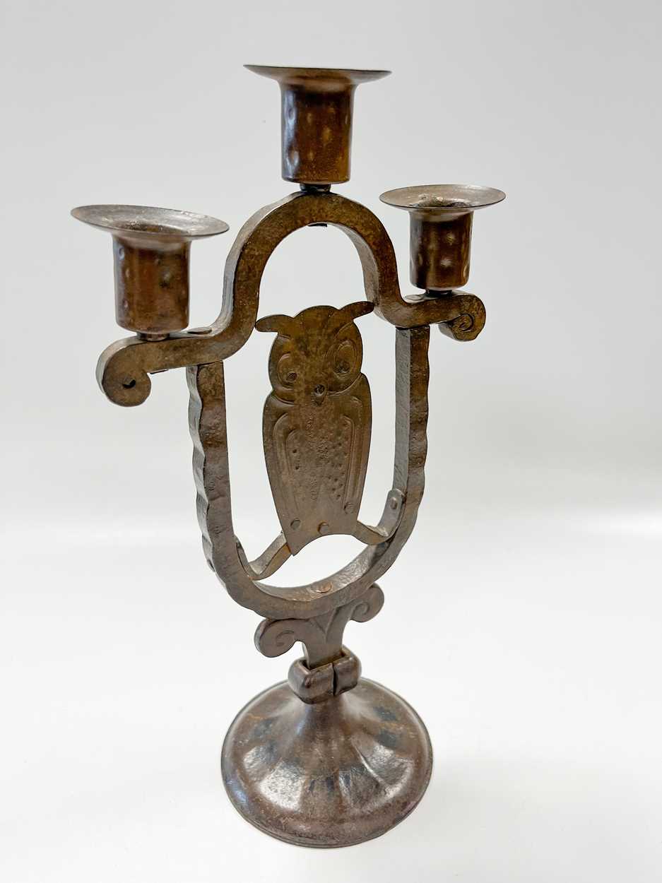 Goberg (Hugo Berger), Vienna, a wrought iron three-branch owl candelabra, - Image 4 of 6
