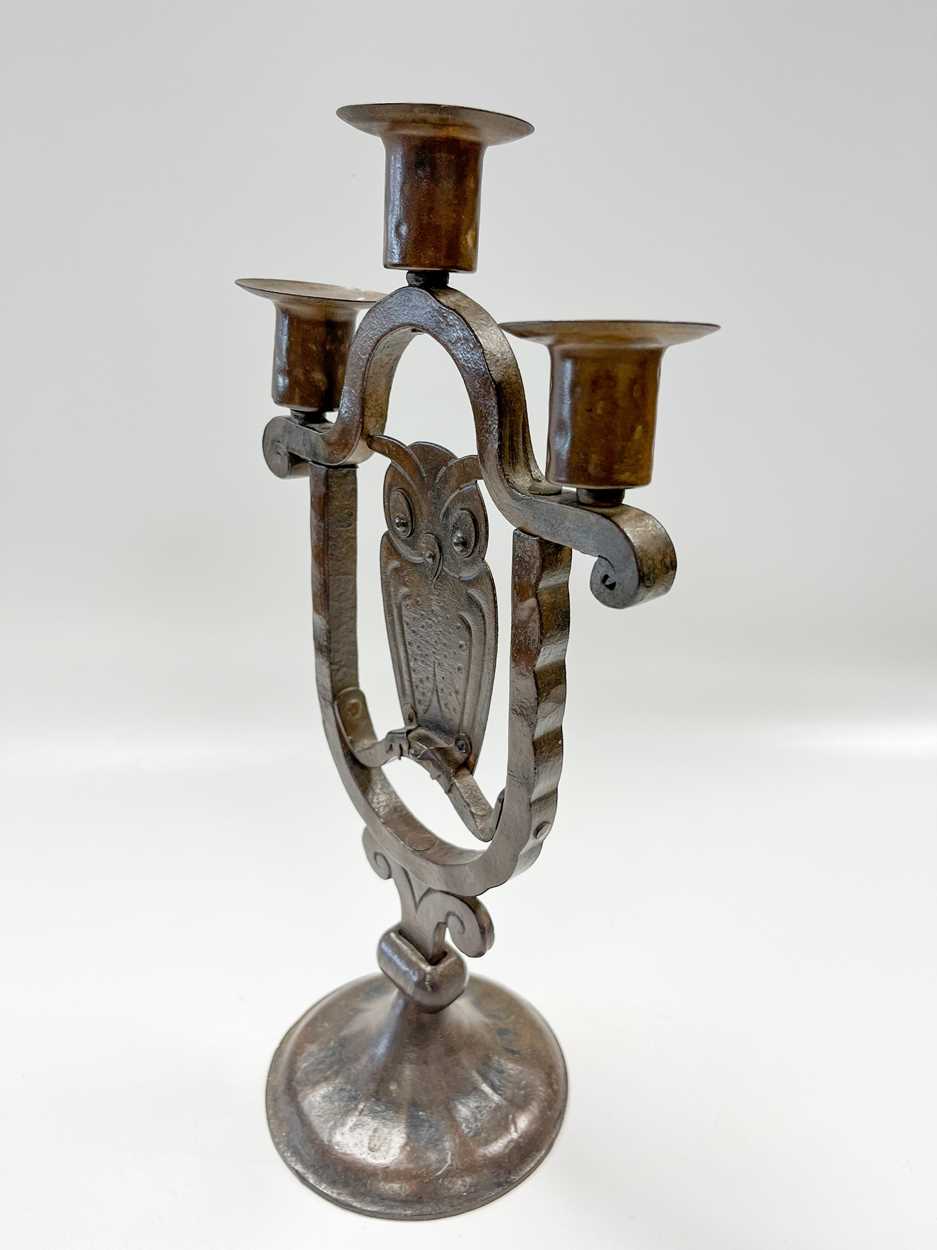 Goberg (Hugo Berger), Vienna, a wrought iron three-branch owl candelabra, - Image 3 of 6