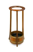 An Arts and Crafts coopered oak and mahogany stick/umbrella stand, by R.A.Lister & Co,