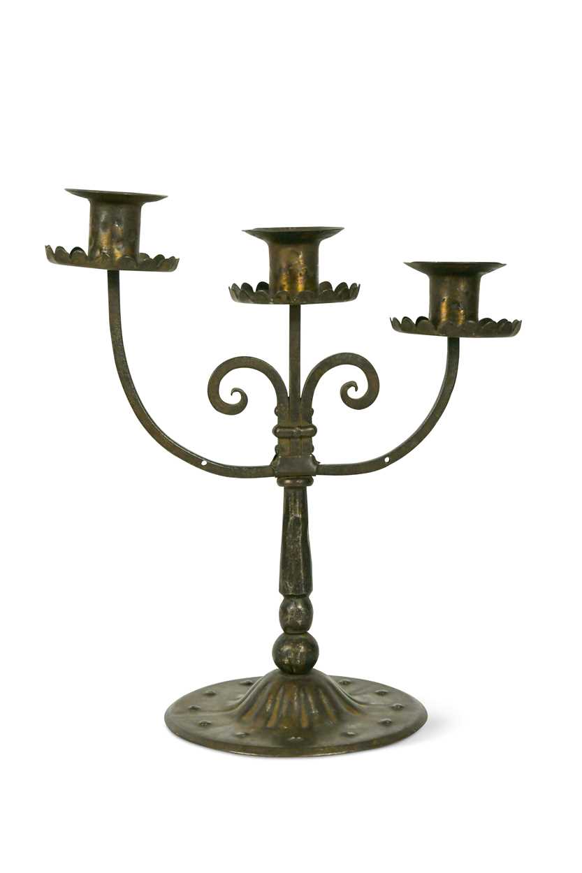 Goberg (Hugo Berger), Vienna, a wrought iron three-branch candelabra,