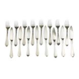 Georg Jensen, a set of eight Danish metalwares Continental (Antik) pattern fish knives and forks,