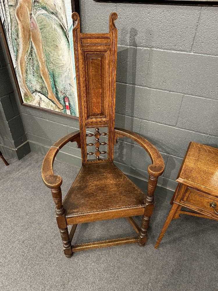 Attributed to William Bartlett for Liberty & Co., an oak Shakespeare Chair, - Image 3 of 7