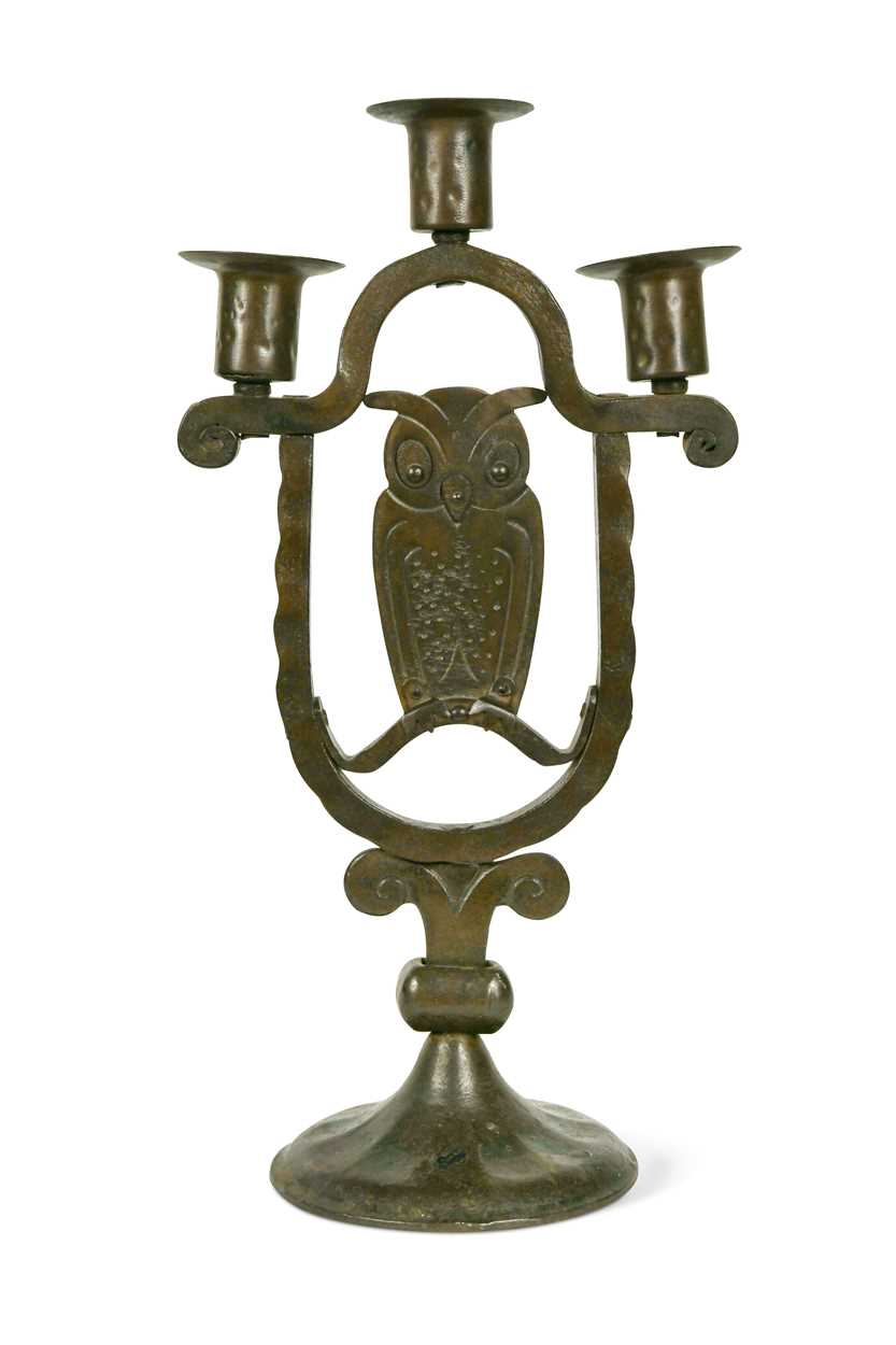 Goberg (Hugo Berger), Vienna, a wrought iron three-branch owl candelabra,