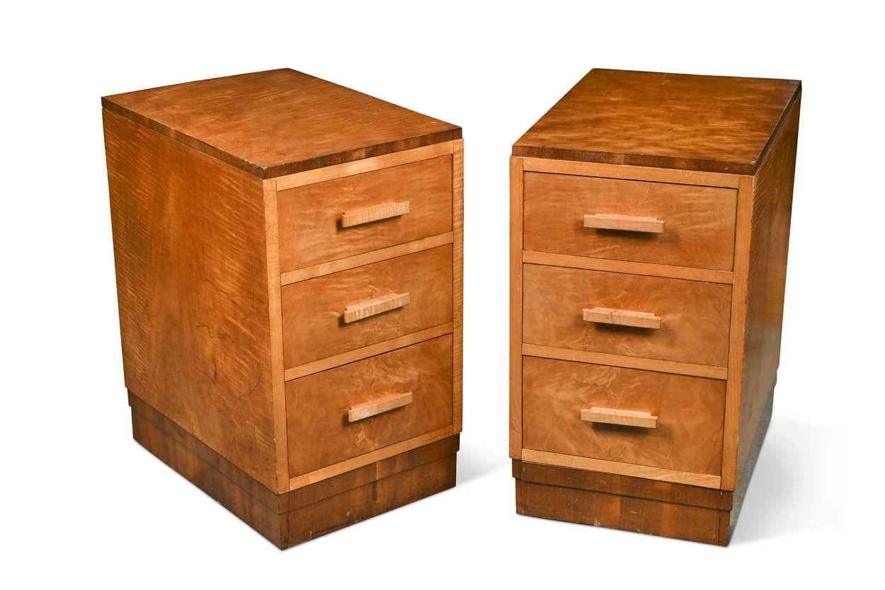 A pair of Art Deco period 'tiger' maple and walnut bedside cabinets,