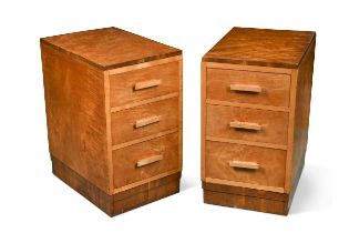 A pair of Art Deco period 'tiger' maple and walnut bedside cabinets,