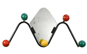 A mid-century atomic style coat rack with mirror,