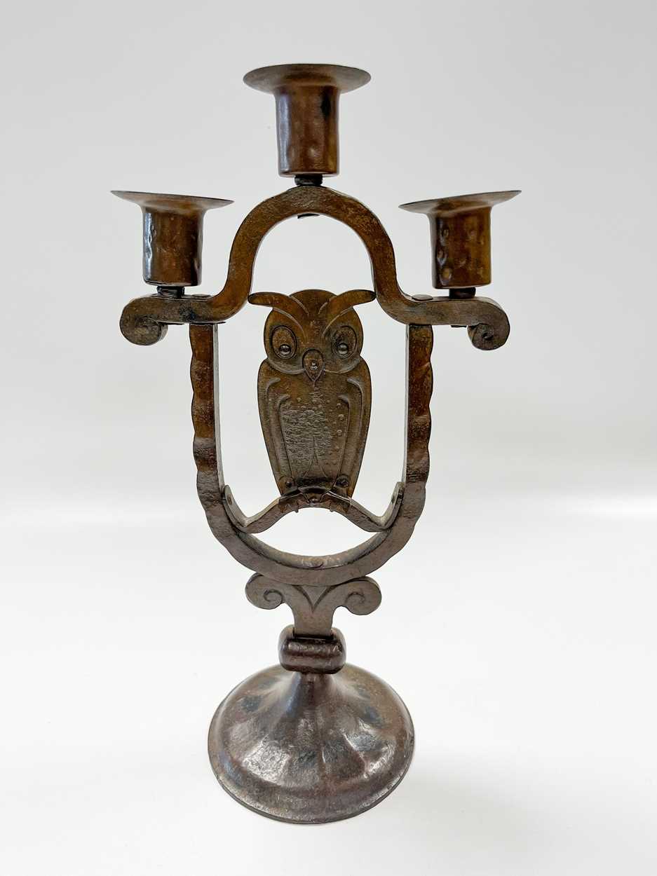 Goberg (Hugo Berger), Vienna, a wrought iron three-branch owl candelabra, - Image 2 of 6