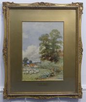 David Bates (1840-1921), "Fresh Pasture" - sheep in rural landscape, watercolour, signed lower