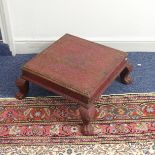 An antique style small red painted and carved Indian coffee Table, W 63 cm x H 25 cm x D 63 cm,
