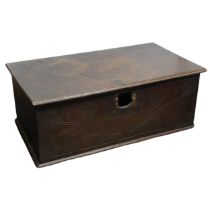 A late 18th century oak Bible Box, dated 1772, missing lock and hinges, W 63 cm x H 24 cm x D 35 cm.