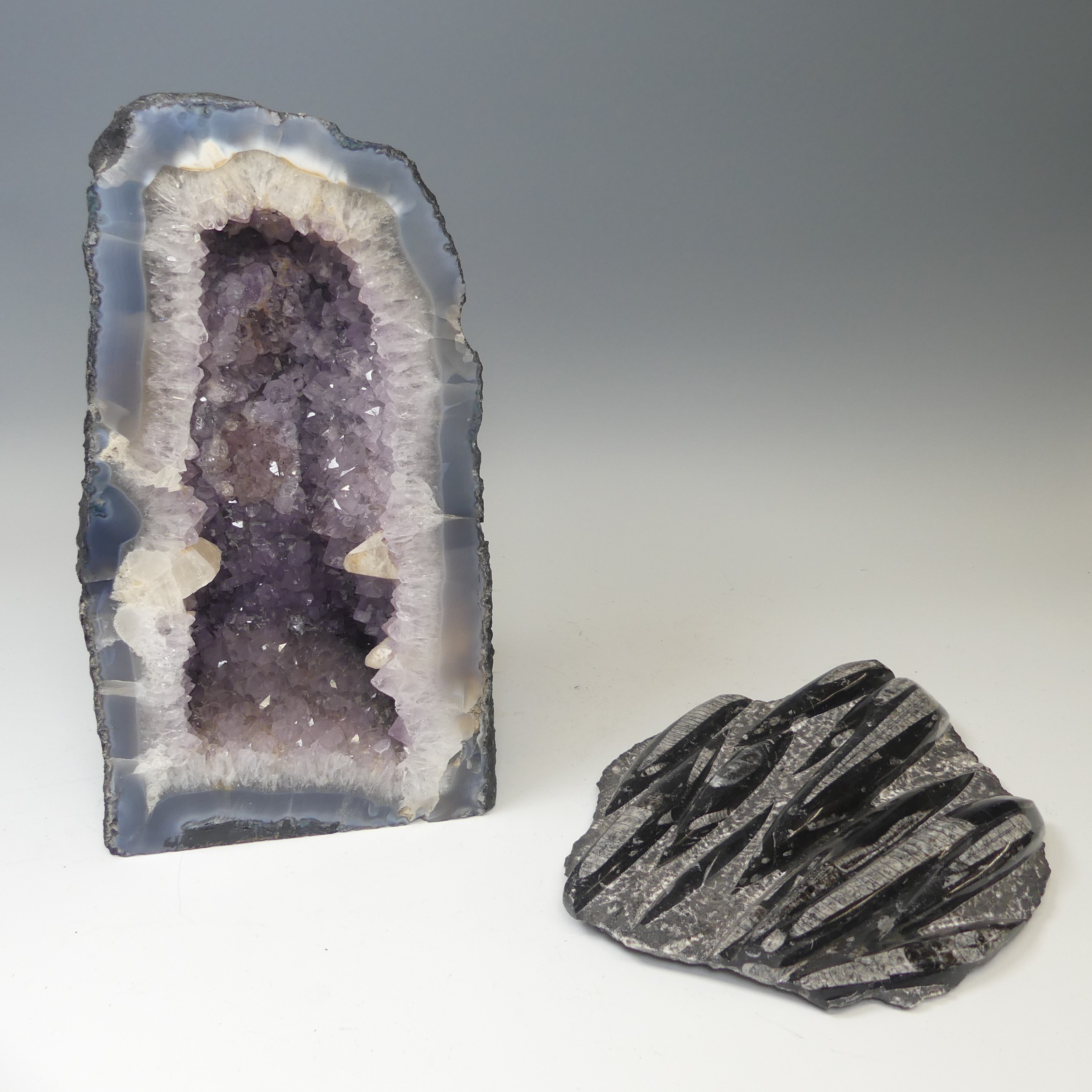 A large amethyst and quartz 'cathedral' Geode, free standing with flat base, with well-defined - Image 3 of 6