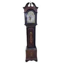 An inlaid mahogany Longcase Clock with arched brass dial, silvered chapter ring with arabic